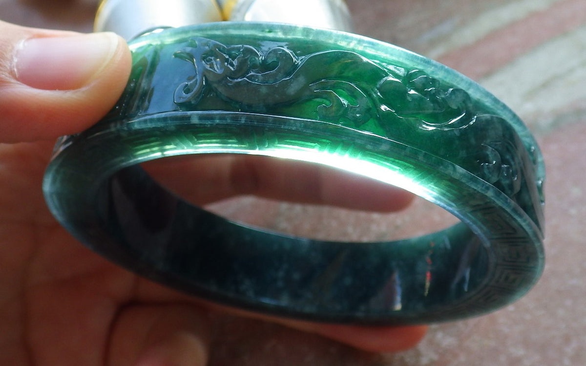 63mm Certified Hand Carved Blue Water Green Natural A JADE Jadeite Dragon Phoenix Circle Bangle Bracelet