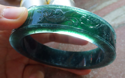 63mm Certified Hand Carved Blue Water Green Natural A JADE Jadeite Dragon Phoenix Circle Bangle Bracelet