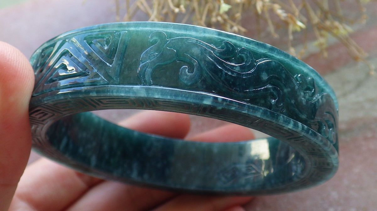 63mm Certified Hand Carved Blue Water Green Natural A JADE Jadeite Dragon Phoenix Circle Bangle Bracelet