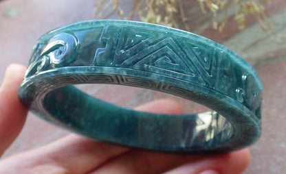 63mm Certified Hand Carved Blue Water Green Natural A JADE Jadeite Dragon Phoenix Circle Bangle Bracelet