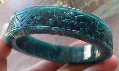 63mm Certified Hand Carved Blue Water Green Natural A JADE Jadeite Dragon Phoenix Circle Bangle Bracelet