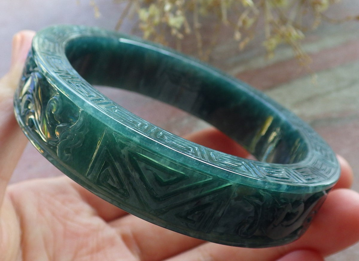 63mm Certified Hand Carved Blue Water Green Natural A JADE Jadeite Dragon Phoenix Circle Bangle Bracelet
