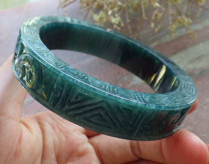 63mm Certified Hand Carved Blue Water Green Natural A JADE Jadeite Dragon Phoenix Circle Bangle Bracelet