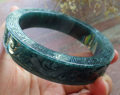 63mm Certified Hand Carved Blue Water Green Natural A JADE Jadeite Dragon Phoenix Circle Bangle Bracelet