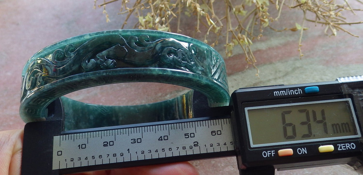 63mm Certified Hand Carved Blue Water Green Natural A JADE Jadeite Dragon Phoenix Circle Bangle Bracelet