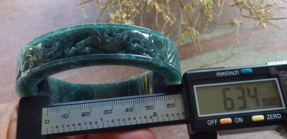 63mm Certified Hand Carved Blue Water Green Natural A JADE Jadeite Dragon Phoenix Circle Bangle Bracelet
