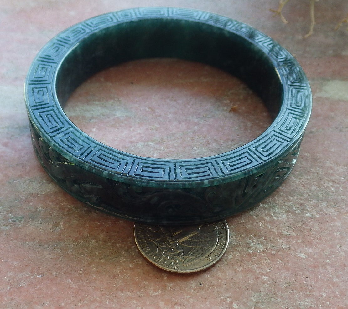 63mm Certified Hand Carved Blue Water Green Natural A JADE Jadeite Dragon Phoenix Circle Bangle Bracelet