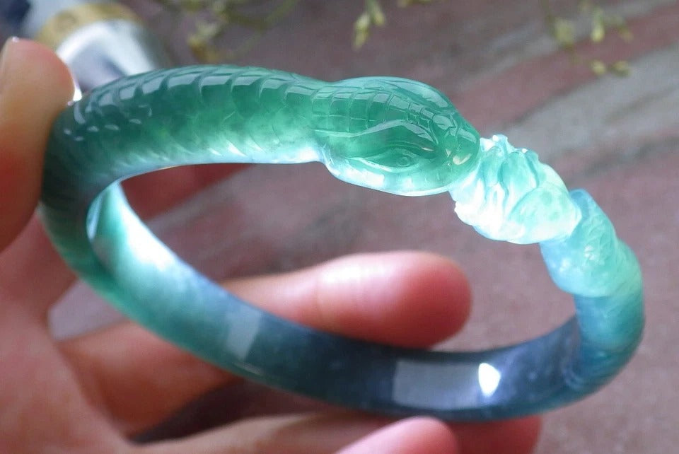 60mm Certified Hand Carved Green Natural A JADE Jadeite Snake Circle Bangle Bracelet
