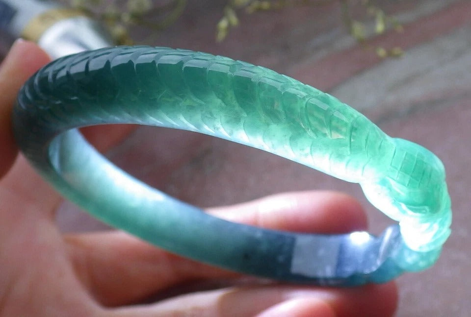 60mm Certified Hand Carved Green Natural A JADE Jadeite Snake Circle Bangle Bracelet
