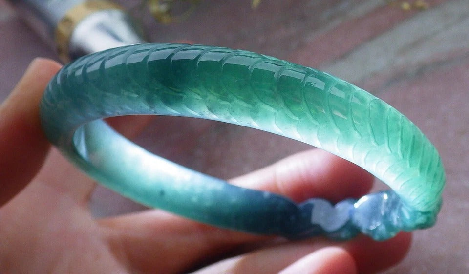 60mm Certified Hand Carved Green Natural A JADE Jadeite Snake Circle Bangle Bracelet
