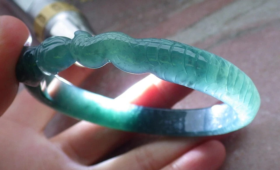 60mm Certified Hand Carved Green Natural A JADE Jadeite Snake Circle Bangle Bracelet