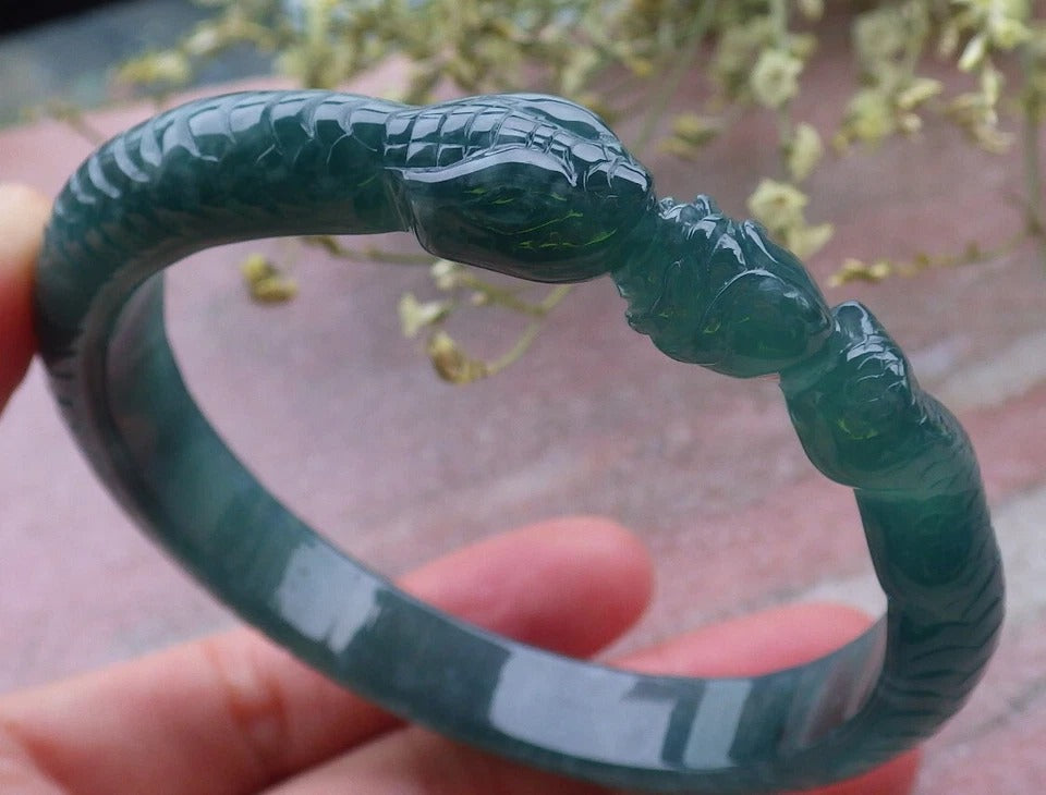 60mm Certified Hand Carved Green Natural A JADE Jadeite Snake Circle Bangle Bracelet