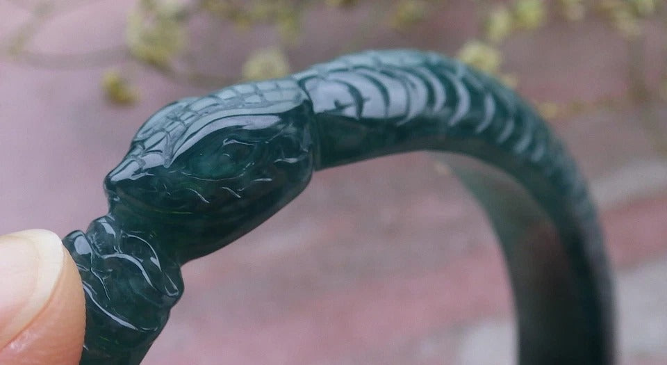 60mm Certified Hand Carved Green Natural A JADE Jadeite Snake Circle Bangle Bracelet