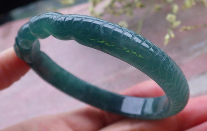 60mm Certified Hand Carved Green Natural A JADE Jadeite Snake Circle Bangle Bracelet