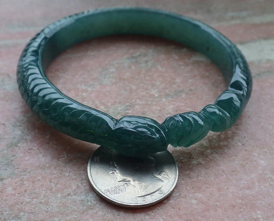 60mm Certified Hand Carved Green Natural A JADE Jadeite Snake Circle Bangle Bracelet