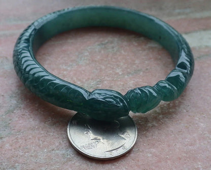 60mm Certified Hand Carved Green Natural A JADE Jadeite Snake Circle Bangle Bracelet