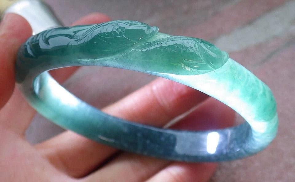 60mm Certified Hand Carved A JADE Jadeite Fish Lotus Flower Circle Bangle Bracelet