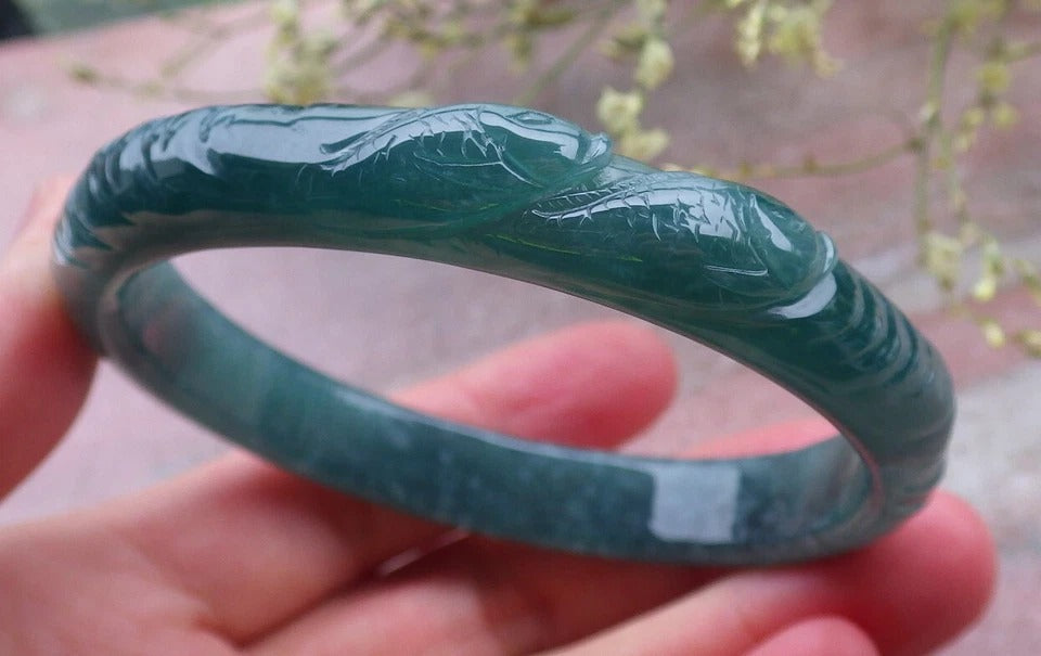 60mm Certified Hand Carved A JADE Jadeite Fish Lotus Flower Circle Bangle Bracelet
