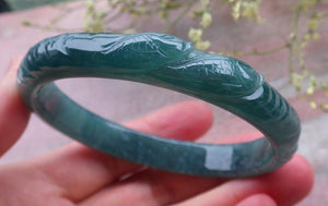 60mm Certified Hand Carved A JADE Jadeite Fish Lotus Flower Circle Bangle Bracelet