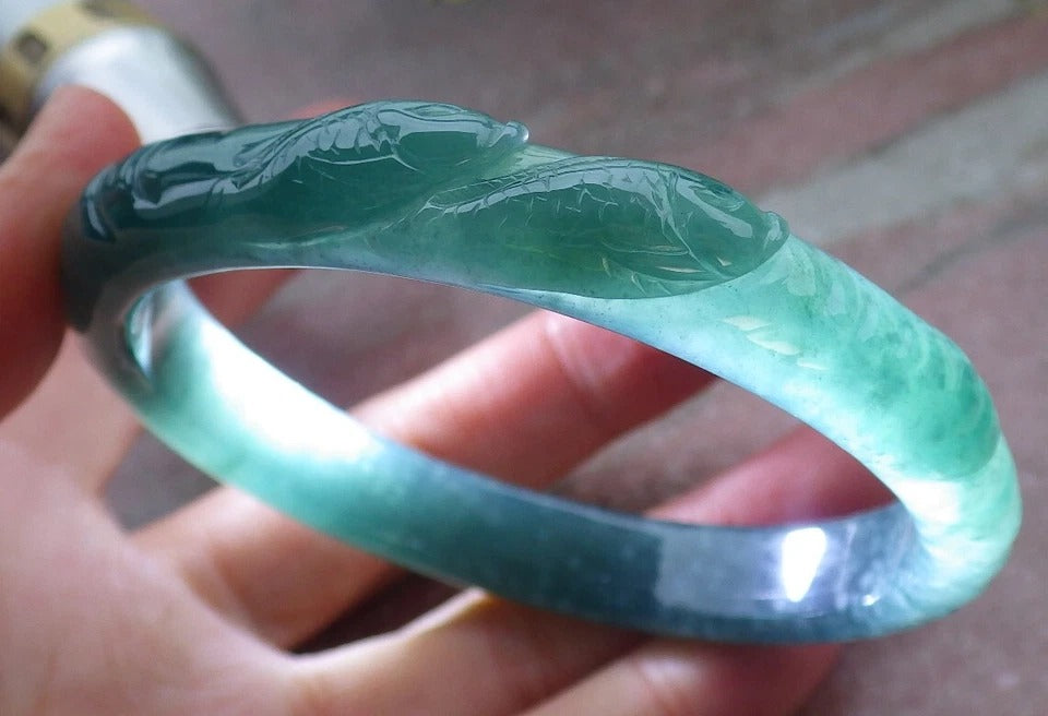 60mm Certified Hand Carved A JADE Jadeite Fish Lotus Flower Circle Bangle Bracelet
