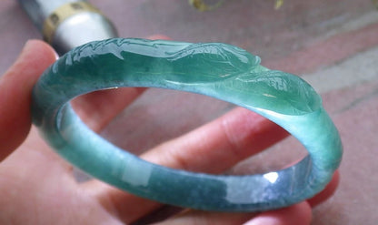 60mm Certified Hand Carved A JADE Jadeite Fish Lotus Flower Circle Bangle Bracelet