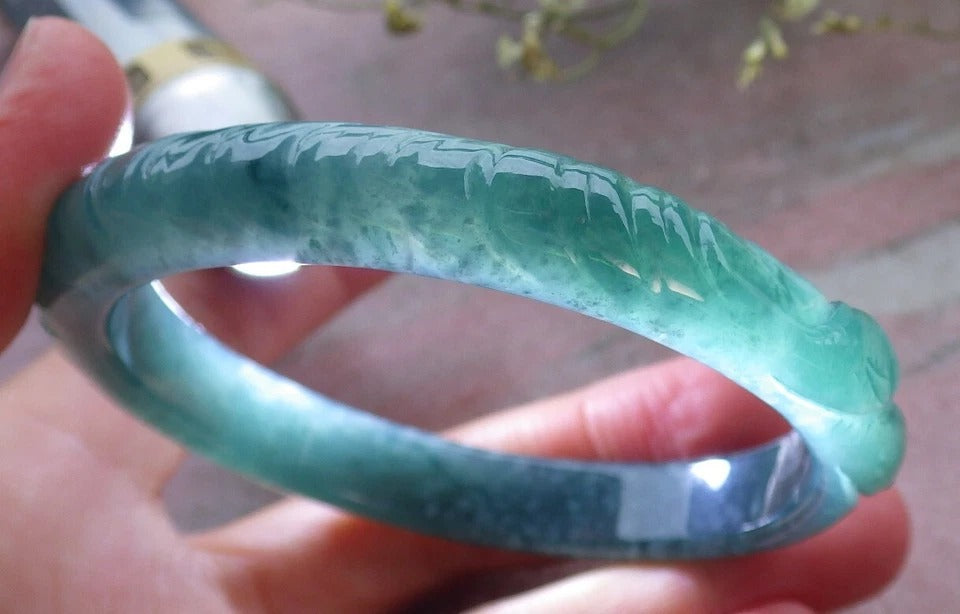 60mm Certified Hand Carved A JADE Jadeite Fish Lotus Flower Circle Bangle Bracelet