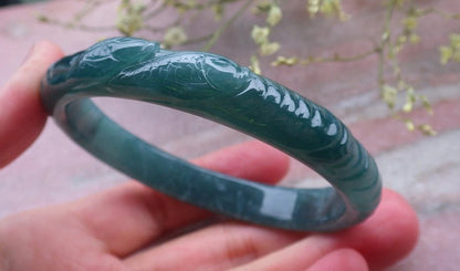 60mm Certified Hand Carved A JADE Jadeite Fish Lotus Flower Circle Bangle Bracelet