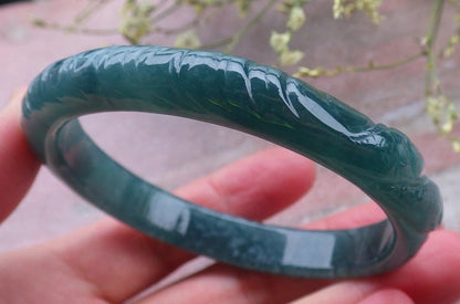 60mm Certified Hand Carved A JADE Jadeite Fish Lotus Flower Circle Bangle Bracelet
