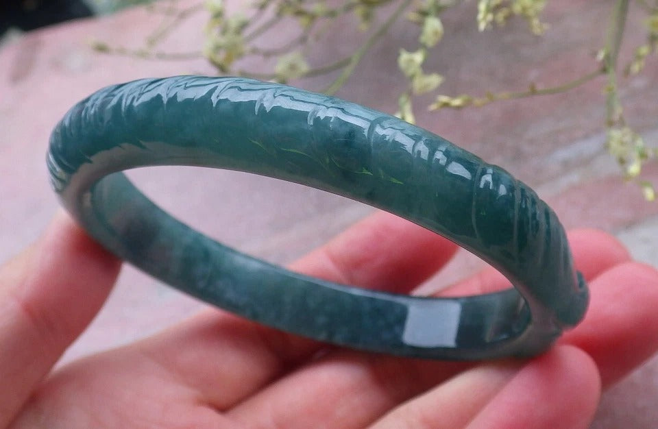 60mm Certified Hand Carved A JADE Jadeite Fish Lotus Flower Circle Bangle Bracelet