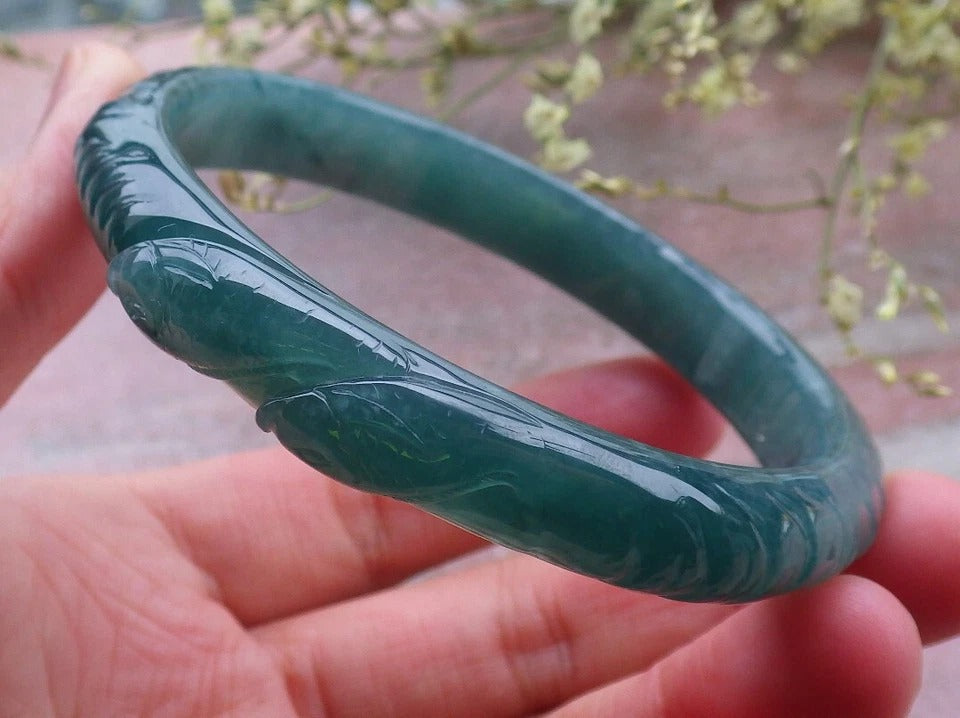 60mm Certified Hand Carved A JADE Jadeite Fish Lotus Flower Circle Bangle Bracelet