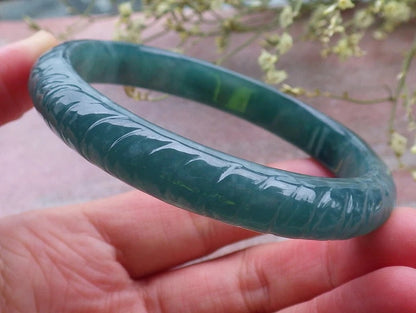 60mm Certified Hand Carved A JADE Jadeite Fish Lotus Flower Circle Bangle Bracelet
