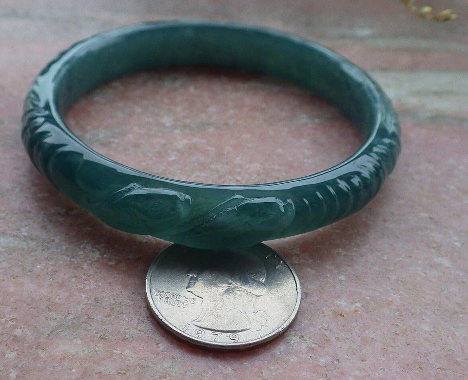 60mm Certified Hand Carved A JADE Jadeite Fish Lotus Flower Circle Bangle Bracelet