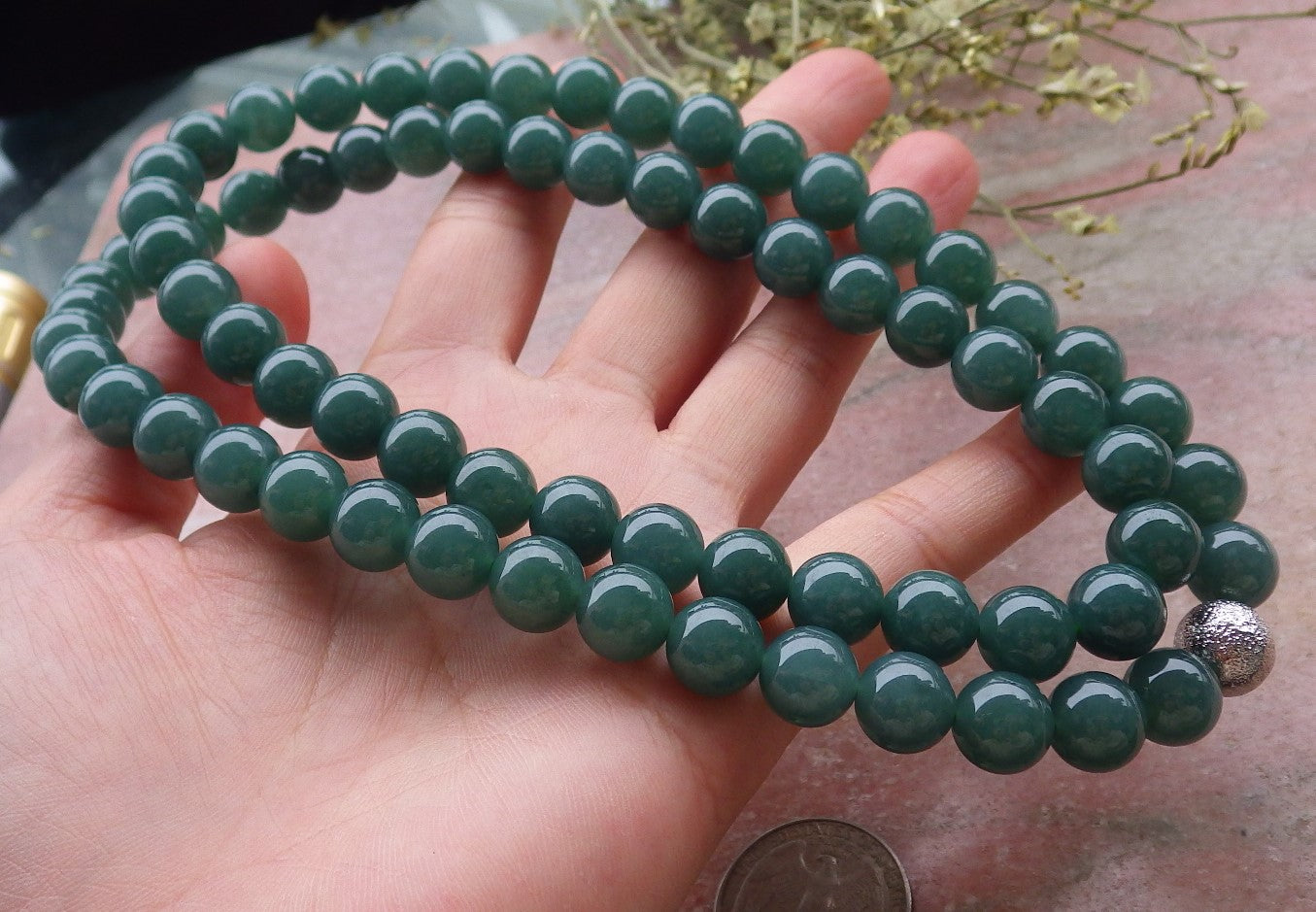 Certified Hand Carved Natural Myanmar Burma A Jade Jadeite Circle 10mm Bead Beads Necklace 26 inches