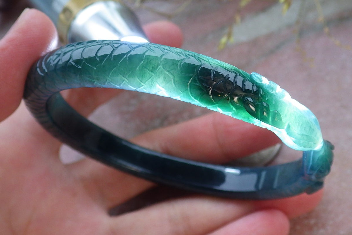 61mm Certified Hand Carved Natural Grade A JADE Jadeite Round Circle Snake Bangle Bracelet