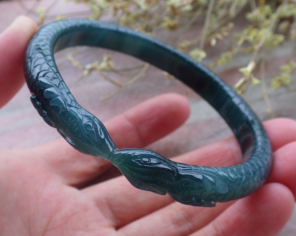 61mm Certified Hand Carved Natural Grade A JADE Jadeite Round Circle Snake Bangle Bracelet