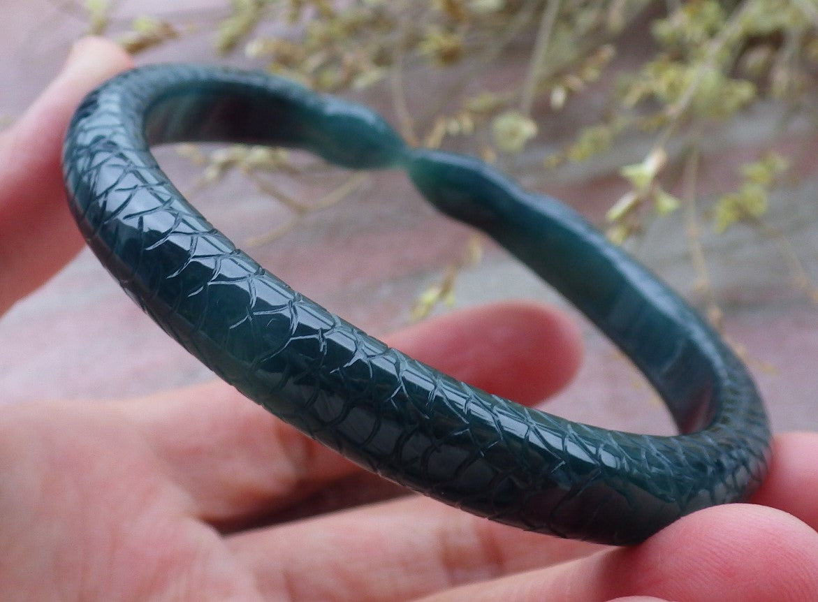 61mm Certified Hand Carved Natural Grade A JADE Jadeite Round Circle Snake Bangle Bracelet