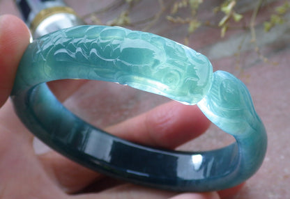 59mm Certified Hand Carved Blue Water Green Natural A JADE Jadeite Dragon Circle Bangle Bracelet