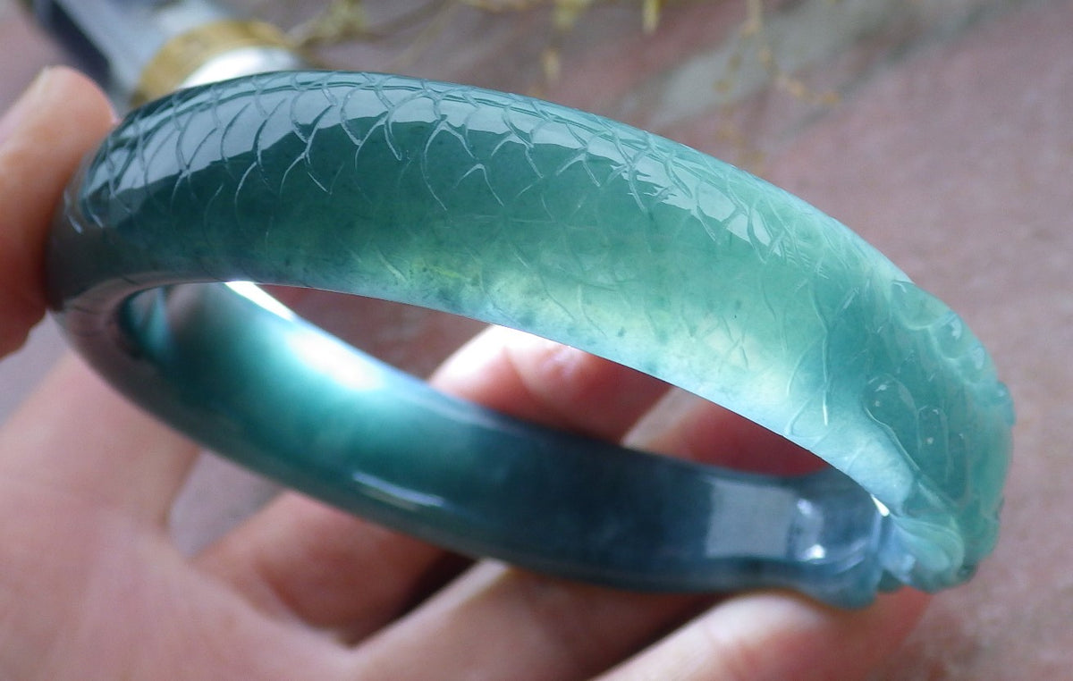 59mm Certified Hand Carved Blue Water Green Natural A JADE Jadeite Dragon Circle Bangle Bracelet