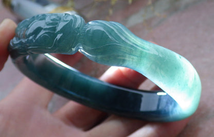 59mm Certified Hand Carved Blue Water Green Natural A JADE Jadeite Dragon Circle Bangle Bracelet