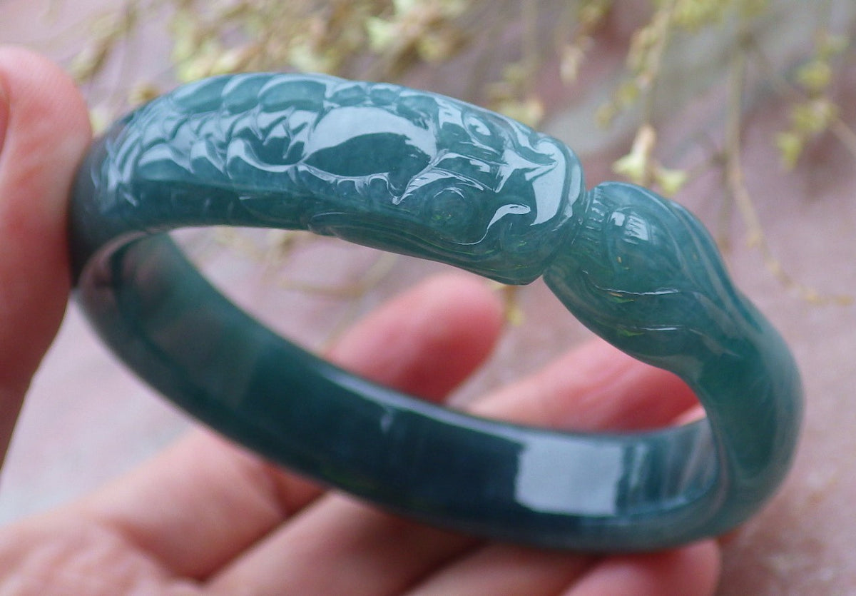 59mm Certified Hand Carved Blue Water Green Natural A JADE Jadeite Dragon Circle Bangle Bracelet