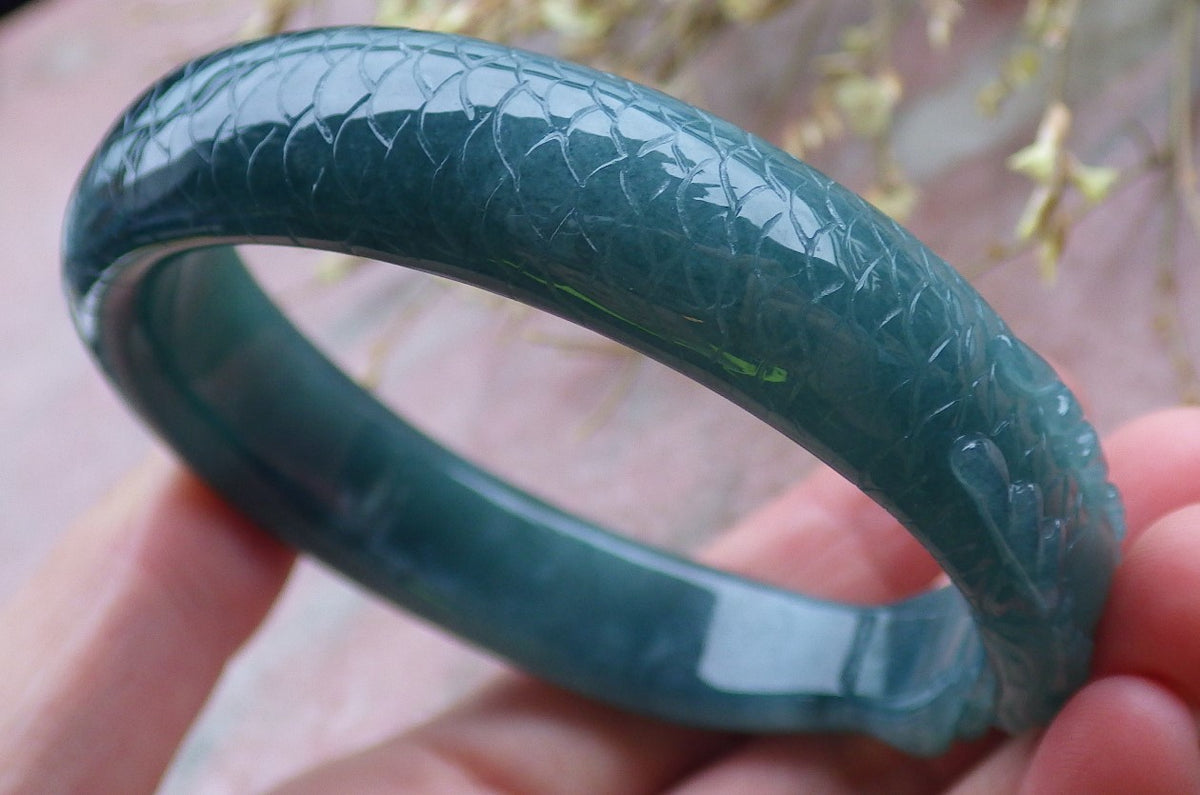 59mm Certified Hand Carved Blue Water Green Natural A JADE Jadeite Dragon Circle Bangle Bracelet