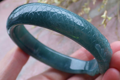 59mm Certified Hand Carved Blue Water Green Natural A JADE Jadeite Dragon Circle Bangle Bracelet