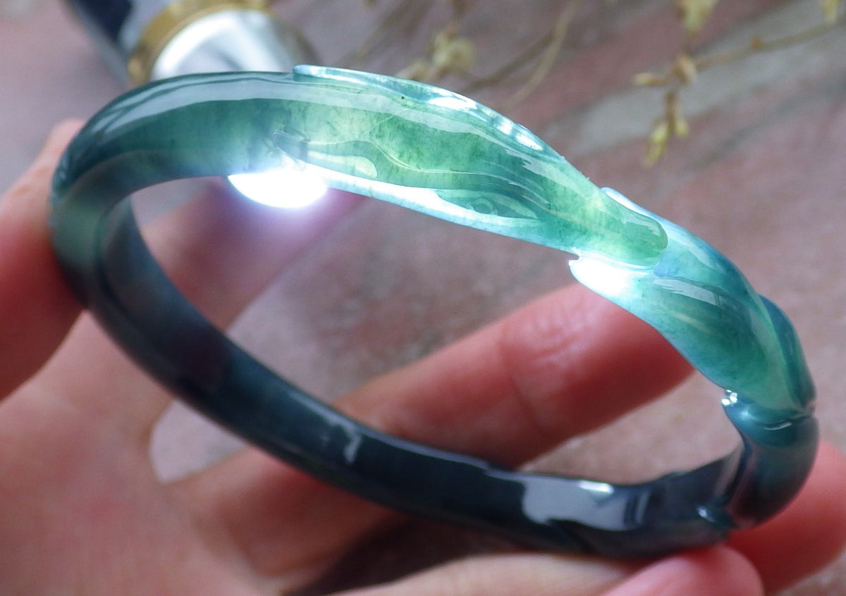 60mm Certified Hand Carved Icy Blue Water Green Natural A JADE Jadeite Fox Circle Bangle Bracelet