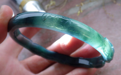 60mm Certified Hand Carved Icy Blue Water Green Natural A JADE Jadeite Fox Circle Bangle Bracelet