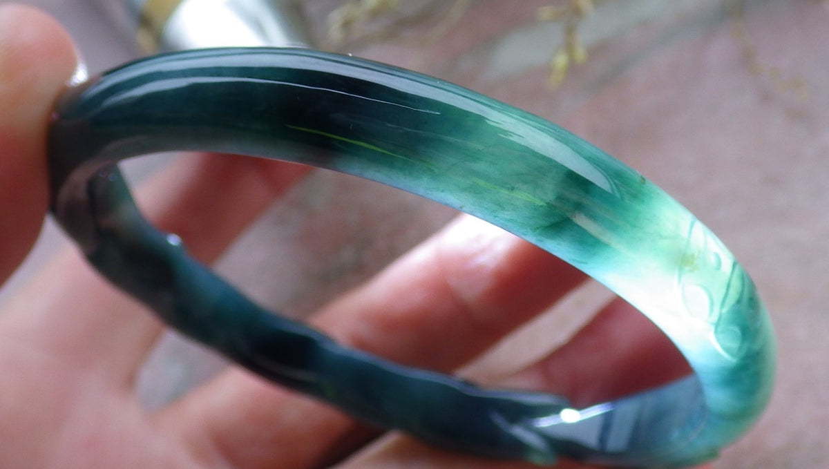 60mm Certified Hand Carved Icy Blue Water Green Natural A JADE Jadeite Fox Circle Bangle Bracelet