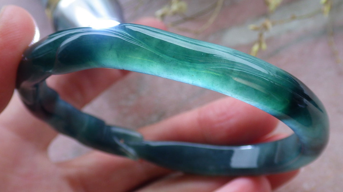 60mm Certified Hand Carved Icy Blue Water Green Natural A JADE Jadeite Fox Circle Bangle Bracelet