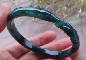 60mm Certified Hand Carved Icy Blue Water Green Natural A JADE Jadeite Fox Circle Bangle Bracelet