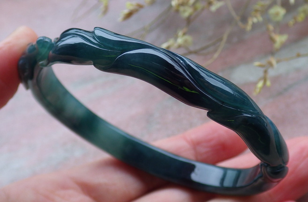 60mm Certified Hand Carved Icy Blue Water Green Natural A JADE Jadeite Fox Circle Bangle Bracelet