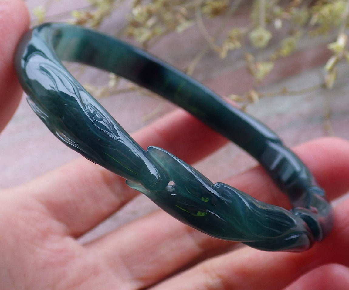 60mm Certified Hand Carved Icy Blue Water Green Natural A JADE Jadeite Fox Circle Bangle Bracelet