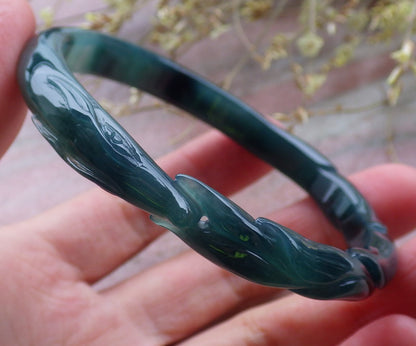 60mm Certified Hand Carved Icy Blue Water Green Natural A JADE Jadeite Fox Circle Bangle Bracelet